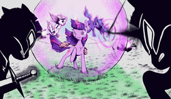 Size: 2512x1458 | Tagged: safe, artist:etiluos, princess celestia, princess luna, twilight sparkle, oc, g4, filly, force field, magic