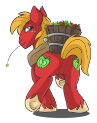 Size: 552x700 | Tagged: safe, artist:spainfischer, big macintosh, earth pony, pony, g4, apple, big backintosh, big macintosh's yoke, bucket, butt, carrying, featureless crotch, horse collar, looking back, male, plot, simple background, solo, stallion, straw, straw in mouth, transparent background, unshorn fetlocks, working