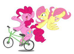 Size: 860x629 | Tagged: safe, artist:spainfischer, fluttershy, pinkie pie, earth pony, pegasus, pony, g4, bicycle, duo, duo female, female, mare, riding, simple background, transparent background