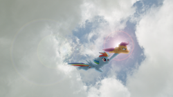 Size: 1920x1080 | Tagged: safe, artist:tygrhd, rainbow dash, scootaloo, g4, cloud, cloudy, flying, lens flare, ponies in real life, sky, vector