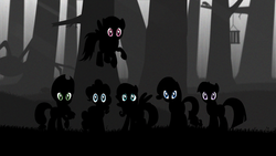 Size: 1920x1080 | Tagged: safe, artist:rharzar, applejack, fluttershy, pinkie pie, rainbow dash, rarity, twilight sparkle, spider, g4, black and white, creepy, crossover, eyes, limbo (video game), mane six, monochrome, neo noir, ominous, partial color, vector, wallpaper