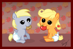 Size: 1200x800 | Tagged: safe, artist:dairry, applejack, derpy hooves, pony, g4, apple, baby, baby pony, babyjack, diaper, filly, foal, mouth hold, muffin, younger