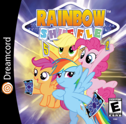 Size: 900x890 | Tagged: safe, artist:nickyv917, applejack, pinkie pie, rainbow dash, scootaloo, g4, box art, e rating, esrb, parody, sega dreamcast, sonic shuffle