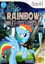 Size: 712x1000 | Tagged: safe, artist:nickyv917, queen chrysalis, rainbow dash, g4, box art, caliburn, crossover, e10+ rating, esrb, parody, sonic and the black knight, sonic the hedgehog (series), wii