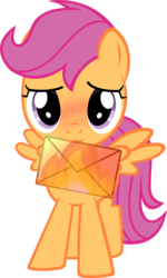 Size: 4684x7813 | Tagged: safe, artist:purezparity, scootaloo, pegasus, pony, g4, absurd resolution, blushing, crush, female, filly, letter, love letter, mouth hold, simple background, solo, transparent background, vector