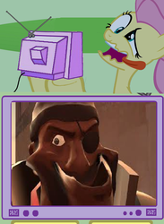 Size: 560x767 | Tagged: safe, fluttershy, g4, demoman, demoman (tf2), derp, exploitable meme, faic, gmod, soldier's splendiferous misadventure, team fortress 2, tv meme, wat