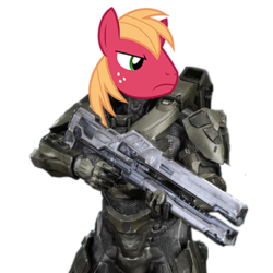 Size: 370x370 | Tagged: safe, big macintosh, earth pony, pony, g4, angry, arc-920, armor, big chief, crossover, frown, gun, halo (series), male, master chief, rifle, simple background, solo, stallion, transparent background, weapon