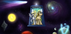Size: 3000x1440 | Tagged: safe, artist:jitterbugjive, derpy hooves, doctor whooves, time turner, earth pony, pegasus, pony, lovestruck derpy, g4, comet, crossover, doctor who, duo, female, galaxy, male, mare, necktie, planet, scenery, scenery porn, space, stallion, stars, sun, tardis, tardis console room, tardis control room, the doctor