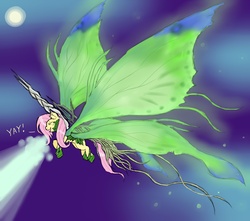 Size: 1700x1500 | Tagged: dead source, safe, artist:ichibangravity, fluttershy, g4, crossover, dark souls, eldritch abomination, female, flutterfly, flying, moonlight butterfly, solo, wings, yay