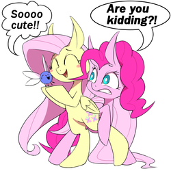 Size: 700x700 | Tagged: safe, artist:30clock, fluttershy, pinkie pie, earth pony, parasprite, pegasus, pony, g4, swarm of the century, bipedal, blushing, dialogue, duo, eyes closed, female, mare, pixiv, speech bubble, white pupils