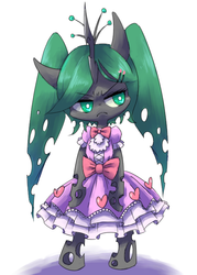 Size: 500x700 | Tagged: dead source, safe, artist:30clock, queen chrysalis, nymph, pony, g4, bipedal, clothes, cute, cutealis, dress, dressup, female, frilly dress, pixiv, pouting, solo, sulking, twintails