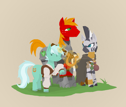 Size: 1230x1046 | Tagged: dead source, safe, artist:phidippusofmystery, big macintosh, lyra heartstrings, zecora, earth pony, pony, zebra, g4, adventuring party, armor, dungeons and dragons, hilarious in hindsight, magic, male, stallion