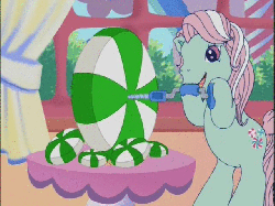 Size: 640x480 | Tagged: safe, screencap, minty, a charming birthday, g3, animated, drill, female, giant mint, mint, peppermint, solo