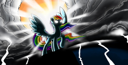 Size: 12000x6157 | Tagged: safe, artist:doomsp0rk, rainbow dash, pegasus, pony, g4, absurd resolution, cloud, epic, female, glowing eyes, lightning, sky, solo