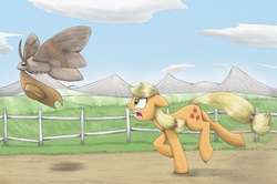 Size: 3539x2348 | Tagged: safe, artist:otakuap, applejack, oc, oc:fluffy the bringer of darkness, earth pony, giant moth, insect, moth, pony, g4, angry, animal, applejack wants her hat back, chase, ears back, female, fence, giant insect, glare, hat, hatless, mare, missing accessory, mouth hold, open mouth, running, stealing