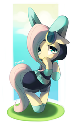 Size: 1231x2088 | Tagged: safe, artist:maren, fluttershy, pegasus, pony, g4, bipedal, bunny ears, clothes, cute, dangerous mission outfit, female, goggles, hoodie, looking at you, mare, shyabetes, solo