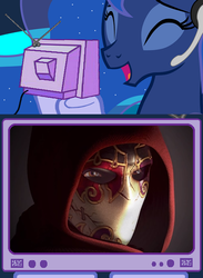 Size: 507x693 | Tagged: safe, princess luna, alicorn, pony, gamer luna, g4, exploitable meme, eyes closed, fable, headset, jack of blades, smiling, tv meme