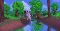 Size: 3400x1800 | Tagged: safe, artist:icefairy64, twilight sparkle, g4, female, forest, scenery, solo, tree, water