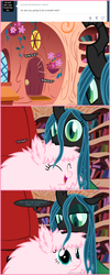 Size: 660x1645 | Tagged: safe, artist:mixermike622, queen chrysalis, oc, oc:fluffle puff, tumblr:ask fluffle puff, g4, ask, golden oaks library, tumblr