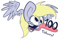 Size: 1280x834 | Tagged: safe, artist:extradan, derpy hooves, pegasus, pony, g4, female, follower count, mare, simple background, solo, tongue out, white background