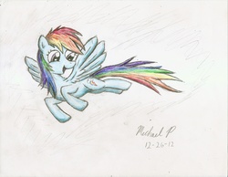 Size: 2192x1700 | Tagged: safe, artist:renaissancepony, rainbow dash, g4, female, flying, solo, traditional art