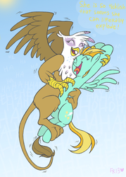 Size: 716x1000 | Tagged: safe, artist:fr-13, artist:rgevskiy, gilda, lightning dust, griffon, pegasus, pony, g4, cute, eyes closed, female, gildust, happy, hoof tickling, interspecies, laughing, lesbian, mare, open mouth, shipping, tickle torture, tickling