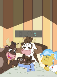 Size: 600x800 | Tagged: dead source, safe, artist:adiwan, daisy jo, doctor fauna, bull, cow, ask the vet pony, g4, ask, baby, calf, happy ending, tumblr