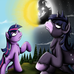 Size: 1150x1150 | Tagged: safe, artist:jamescorck, trixie, twilight sparkle, twilight unbound, g4, duality, duo, werelight shine