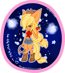 Size: 588x659 | Tagged: safe, artist:princesscelestia908, applejack, earth pony, anthro, g4, ambiguous facial structure, apple, female, impossibly large ears, japanese, rope, solo