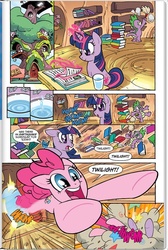Size: 627x935 | Tagged: safe, artist:ben bates, idw, pinkie pie, spike, twilight sparkle, dragon, earth pony, pony, unicorn, g4, micro-series #5, my little pony micro-series, book, comic, female, idw advertisement, jurassic park, magic, male, mare, preview, reading
