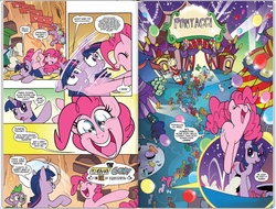 Size: 1237x938 | Tagged: safe, artist:ben bates, idw, pinkie pie, spike, twilight sparkle, dragon, earth pony, pony, unicorn, g4, micro-series #5, my little pony micro-series, book, comic, female, idw advertisement, male, mare, preview, swirly eyes