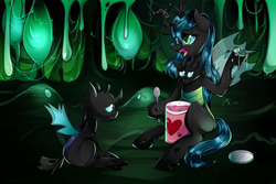 Size: 3000x2000 | Tagged: dead source, safe, artist:twigileia, queen chrysalis, changeling, changeling queen, g4, comfort eating, crying, female, heart, ice cream