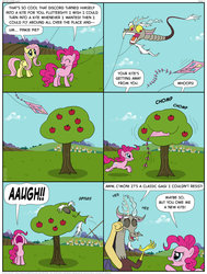 Size: 1024x1356 | Tagged: safe, artist:kturtle, discord, fluttershy, pinkie pie, draconequus, earth pony, pegasus, pony, g4, aaugh!, apple tree, charlie brown, comic, discord being discord, female, go fly a kite, kite, kite-eating tree, laughing, male, mare, peanuts, tree