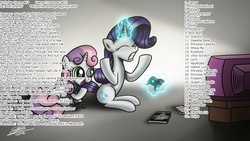 Size: 1191x670 | Tagged: safe, rarity, sweetie belle, pony, unicorn, g4, birthday game, controller, duo, exploitable meme, eyes closed, female, filly, foal, levitation, magic, mare, meme, open mouth, raised hoof, siblings, sisters, sitting, smiling, telekinesis, television, video game