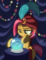 Size: 550x722 | Tagged: safe, artist:elslowmo, artist:zajice, babs seed, pony, g4, bipedal, crystal ball, female, fortune teller, romani, solo, table