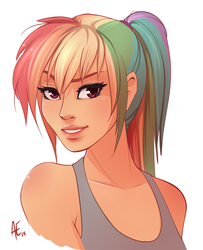 Size: 1000x1229 | Tagged: safe, artist:spittfireart, rainbow dash, human, g4, beautiful, female, high ponytail, humanized, long hair, looking at you, ponytail, pretty, simple background, smiling, solo, white background