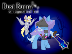 Size: 1280x960 | Tagged: safe, artist:inkwell, derpy hooves, trixie, pegasus, pony, g4, ahrah, clothes, crossover, dust (character), dust: an elysian tail, female, fidget (character), hat, hidden eyes, mare, prehensile tail, raised hoof, sword, weapon