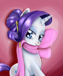 Size: 800x960 | Tagged: safe, artist:kyle23emma, rarity, g4, alternate hairstyle, bow, clothes, description in comments, female, hair bun, pink background, scarf, simple background, solo