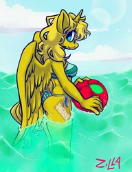 Size: 688x896 | Tagged: safe, artist:professionalnoob, oc, oc only, oc:ticket, alicorn, anthro, alicorn oc, anthro oc, beach ball, bikini, clothes, solo, swimsuit, water