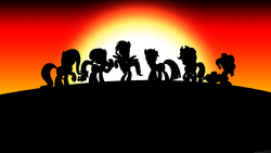 Size: 1920x1080 | Tagged: safe, artist:mralienbrony, applejack, fluttershy, pinkie pie, rainbow dash, rarity, twilight sparkle, g4, justice league, mane six, pose, pose as a team 'cause shit just got real, shadow, sunset, vector, wallpaper