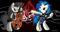 Size: 1725x925 | Tagged: safe, artist:flutterthrash, dj pon-3, octavia melody, vinyl scratch, g4, alternate hairstyle, armband, cello, clothes, duo, electric guitar, flying v, guitar, heavy metal, metal, musical instrument, rock (music), rocktavia, ship:scratchtavia, shipping, shirt