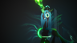 Size: 1920x1080 | Tagged: dead source, safe, artist:moldypotato, queen chrysalis, changeling, changeling queen, g4, female, magic, solo, vector, wallpaper