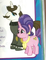 Size: 1871x2431 | Tagged: safe, cookie crumbles, hondo flanks, pony, unicorn, g4, official, clothes, cookie, cutie mark, earring, elements of harmony, guidebook, parent, rarity's parents, scarf, ship:cookieflanks, sweater, turtleneck