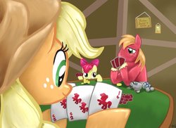 Size: 800x583 | Tagged: safe, artist:reillyington86, apple bloom, applejack, big macintosh, smarty pants, earth pony, pony, g4, apple siblings, card, male, playing, poker, stallion, table, tabletop game