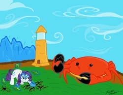 Size: 3300x2550 | Tagged: safe, artist:paintedshadow451, rarity, crab, g4, fight, lighthouse, rarity fighting a giant crab