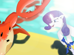 Size: 1024x768 | Tagged: safe, artist:et9977, rarity, crab, g4, beach, fight, master sword, rarity fighting a giant crab, sword, the legend of zelda