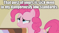 Size: 967x544 | Tagged: safe, edit, edited screencap, screencap, pinkie pie, g4, swarm of the century, blurry, disgusted, female, image macro, post, reaction, reaction image, solo