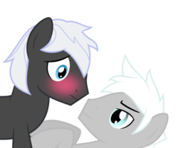 Size: 500x417 | Tagged: safe, artist:toughbluff, oc, oc only, oc:patience, oc:zephyr wing, pony, blushing, gay, male, simple background, stallion, transparent background, vector