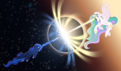 Size: 6062x3569 | Tagged: safe, artist:tim015, princess celestia, princess luna, alicorn, pony, g4, female, fight, laser, magic, magic blast, mare, royal sisters, siblings, sisters