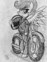 Size: 2526x3300 | Tagged: safe, artist:drawponies, scootaloo, pony, g4, bipedal, female, grayscale, helmet, monochrome, motorcycle, solo, traditional art